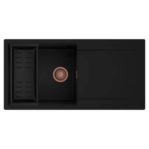 HD Onyx Black 100 egymedencés mosogatótálca szett, matt fekete csepegtetőkosárral, csepegtetőtálcával, matt fekete színben, szálcsiszolt réz leeresztő szifonnal