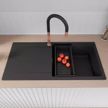 HD Onyx Black 100 egymedencés mosogatótálca szett, matt fekete csepegtetőkosárral, csepegtetőtálcával, matt fekete színben, szálcsiszolt réz leeresztő szifonnal