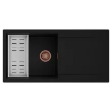 HD Onyx Black 100 egymedencés mosogatótálca szett, acél csepegtetőkosárral, csepegtetőtálcával, matt fekete színben, szálcsiszolt réz leeresztő szifonnal