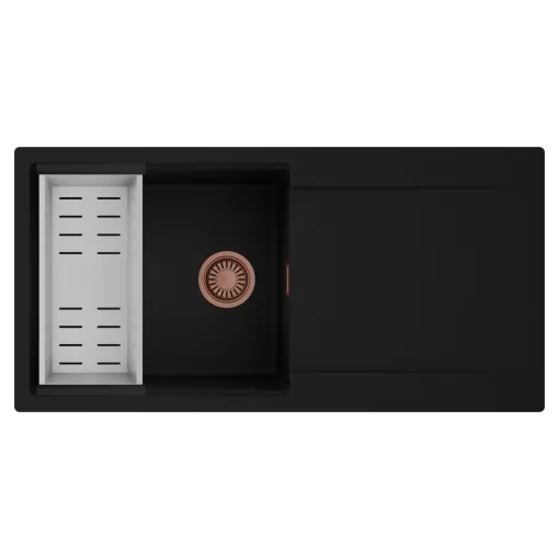 HD Onyx Black 100 egymedencés mosogatótálca szett, acél csepegtetőkosárral, csepegtetőtálcával, matt fekete színben, szálcsiszolt réz leeresztő szifonnal