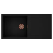 HD Onyx Black 100 egymedencés mosogatótálca, csepegtetőtálcával, matt fekete színben, szálcsiszolt réz leeresztő szifonnal