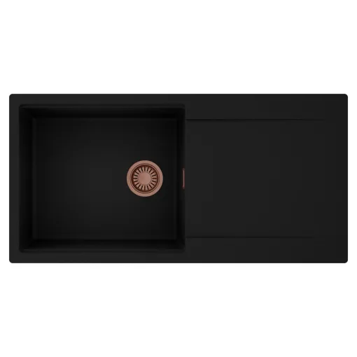 HD Onyx Black 100 egymedencés mosogatótálca, csepegtetőtálcával, matt fekete színben, szálcsiszolt réz leeresztő szifonnal