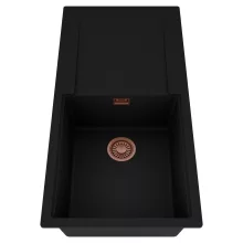 HD Onyx Black 100 egymedencés mosogatótálca, csepegtetőtálcával, matt fekete színben, szálcsiszolt réz leeresztő szifonnal