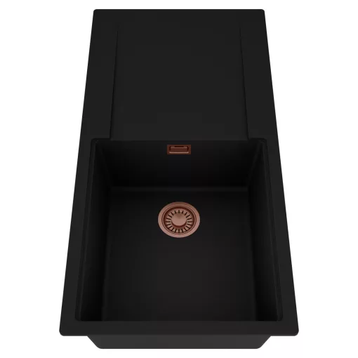 HD Onyx Black 100 egymedencés mosogatótálca, csepegtetőtálcával, matt fekete színben, szálcsiszolt réz leeresztő szifonnal