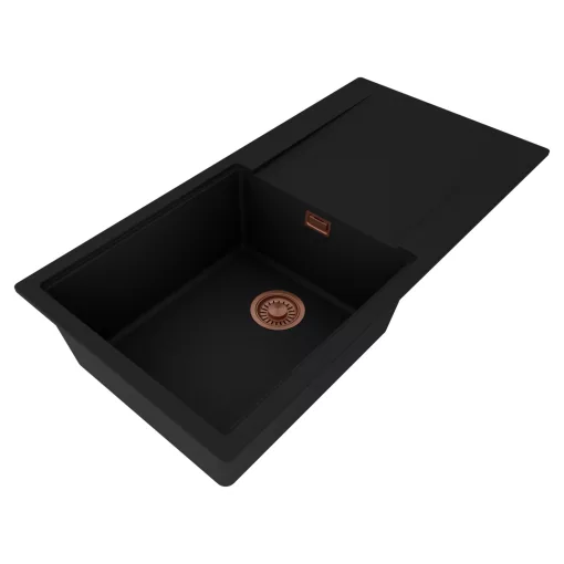 HD Onyx Black 100 egymedencés mosogatótálca, csepegtetőtálcával, matt fekete színben, szálcsiszolt réz leeresztő szifonnal