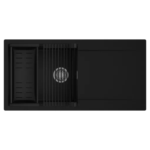 HD Onyx Black 100 egymedencés mosogatótálca szett, matt fekete csepegtetőráccsal és kosárral, csepegtetőtálcával, matt fekete színben