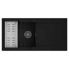 HD Onyx Black 100 egymedencés mosogatótálca szett, matt fekete csepegtetőráccsal és krómozott kosárral, csepegtetőtálcával, matt fekete színben