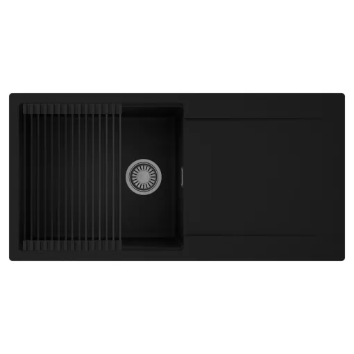 HD Onyx Black 100 egymedencés mosogatótálca szett, matt fekete csepegtetőráccsal, csepegtetőtálcával, matt fekete színben