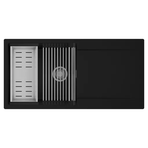 HD Onyx Black 100 egymedencés mosogatótálca szett, acél csepegtetőráccsal és kosárral, csepegtetőtálcával, matt fekete színben