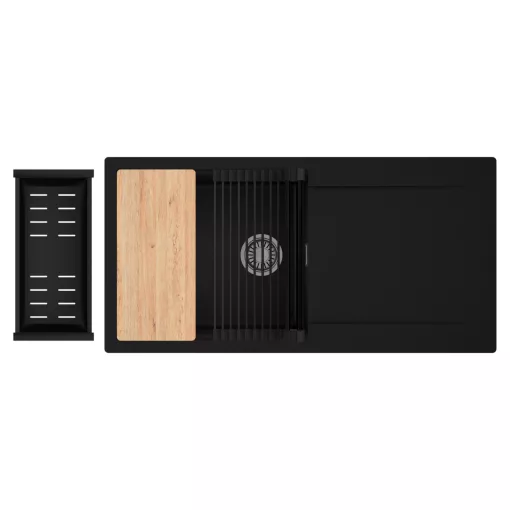 HD Onyx Black 100 egymedencés gránit mosogatótálca szett, csepegtetőtálcával, vágódeszkával, matt fekete csepegtetőráccsal és kosárral, matt fekete színben