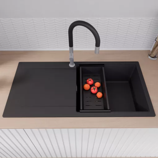 HD Onyx Black 100 egymedencés gránit mosogatótálca szett, csepegtetőtálcával, vágódeszkával, matt fekete csepegtetőráccsal és kosárral, matt fekete színben