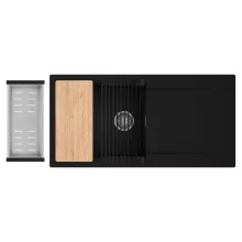 HD Onyx Black 100 egymedencés gránit mosogatótálca szett, csepegtetőtálcával, vágódeszkával, matt fekete csepegtetőráccsal és krómozott kosárral, matt fekete színben