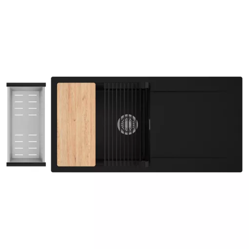 HD Onyx Black 100 egymedencés gránit mosogatótálca szett, csepegtetőtálcával, vágódeszkával, matt fekete csepegtetőráccsal és krómozott kosárral, matt fekete színben