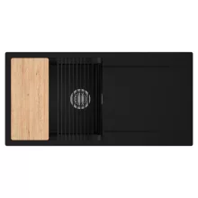 HD Onyx Black 100 egymedencés gránit mosogatótálca szett, csepegtetőtálcával, vágódeszkával, matt fekete csepegtetőráccsal, matt fekete színben