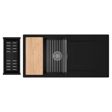 HD Onyx Black 100 egymedencés gránit mosogatótálca szett, csepegtetőtálcával, vágódeszkával, acél csepegtetőráccsal és matt fekete kosárral, matt fekete színben