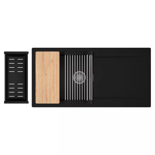 HD Onyx Black 100 egymedencés gránit mosogatótálca szett, csepegtetőtálcával, vágódeszkával, acél csepegtetőráccsal és matt fekete kosárral, matt fekete színben