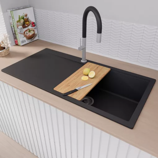 HD Onyx Black 100 egymedencés gránit mosogatótálca szett, csepegtetőtálcával, vágódeszkával, acél csepegtetőráccsal és matt fekete kosárral, matt fekete színben