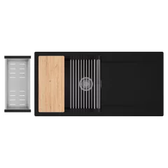   HD Onyx Black 100 egymedencés gránit mosogatótálca szett, csepegtetőtálcával, vágódeszkával, acél csepegtetőráccsal és kosárral, matt fekete színben