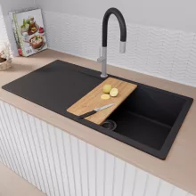 HD Onyx Black 100 egymedencés gránit mosogatótálca szett, csepegtetőtálcával, vágódeszkával, matt fekete csepegtetőkosárral, matt fekete színben