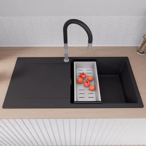 HD Onyx Black 100 egymedencés gránit mosogatótálca szett, csepegtetőtálcával, vágódeszkával, acél csepegtetőkosárral, matt fekete színben