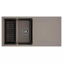 HD Onyx Tortora 100 egymedencés mosogatótálca szett, matt fekete csepegtetőráccsal és kosárral, csepegtetőtálcával, tortora színben, szálcsiszolt króm leeresztő szifonnal