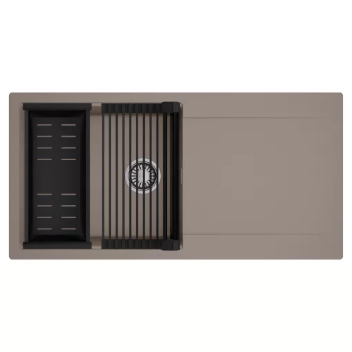 HD Onyx Tortora 100 egymedencés mosogatótálca szett, matt fekete csepegtetőráccsal és kosárral, csepegtetőtálcával, tortora színben, szálcsiszolt króm leeresztő szifonnal