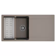 HD Onyx Tortora 100 egymedencés mosogatótálca szett, matt fekete csepegtetőráccsal és krómozott kosárral, csepegtetőtálcával, tortora színben, szálcsiszolt króm leeresztő szifonnal