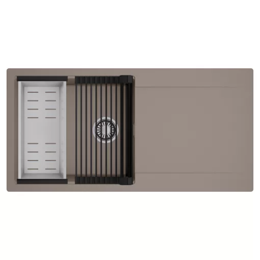 HD Onyx Tortora 100 egymedencés mosogatótálca szett, matt fekete csepegtetőráccsal és krómozott kosárral, csepegtetőtálcával, tortora színben, szálcsiszolt króm leeresztő szifonnal