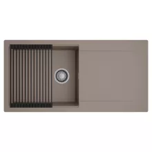 HD Onyx Tortora 100 egymedencés mosogatótálca szett, matt fekete csepegtetőráccsal, csepegtetőtálcával, tortora színben, szálcsiszolt króm leeresztő szifonnal