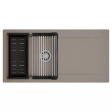 HD Onyx Tortora 100 egymedencés mosogatótálca szett, acél csepegtetőráccsal és matt fekete kosárral, csepegtetőtálcával, tortora színben, szálcsiszolt króm leeresztő szifonnal