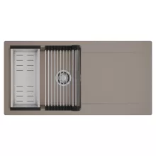 HD Onyx Tortora 100 egymedencés mosogatótálca szett, acél csepegtetőráccsal és kosárral, csepegtetőtálcával, tortora színben, szálcsiszolt króm leeresztő szifonnal