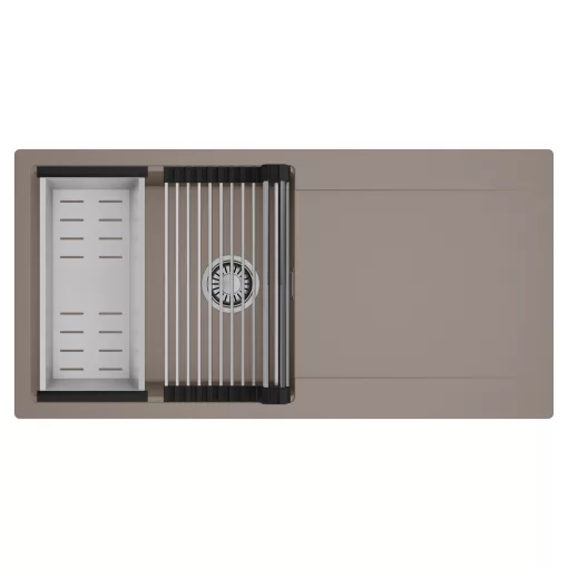 HD Onyx Tortora 100 egymedencés mosogatótálca szett, acél csepegtetőráccsal és kosárral, csepegtetőtálcával, tortora színben, szálcsiszolt króm leeresztő szifonnal