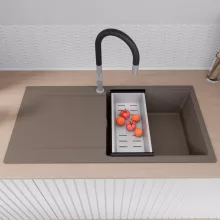 HD Onyx Tortora 100 egymedencés mosogatótálca szett, acél csepegtetőráccsal és kosárral, csepegtetőtálcával, tortora színben, szálcsiszolt króm leeresztő szifonnal