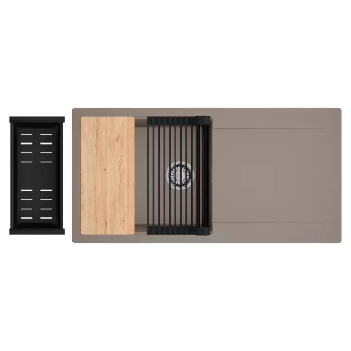 HD Onyx Tortora 100 egymedencés gránit mosogatótálca szett, csepegtetőtálcával, vágódeszkával, matt fekete csepegtetőráccsal és kosárral, tortora színben, szálcsiszolt króm leeresztő szifonnal