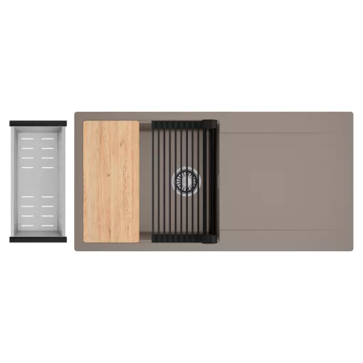 HD Onyx Tortora 100 egymedencés gránit mosogatótálca szett, csepegtetőtálcával, vágódeszkával, matt fekete csepegtetőráccsal és krómozott kosárral, tortora színben, szálcsiszolt króm leeresztő szifonnal