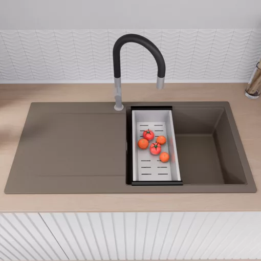 HD Onyx Tortora 100 egymedencés gránit mosogatótálca szett, csepegtetőtálcával, vágódeszkával, matt fekete csepegtetőráccsal és krómozott kosárral, tortora színben, szálcsiszolt króm leeresztő szifonnal