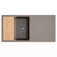 HD Onyx Tortora 100 egymedencés gránit mosogatótálca szett, csepegtetőtálcával, vágódeszkával, matt fekete csepegtetőráccsal, tortora színben, szálcsiszolt króm leeresztő szifonnal