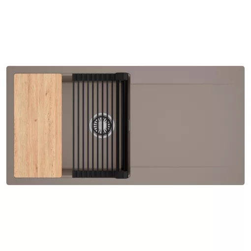 HD Onyx Tortora 100 egymedencés gránit mosogatótálca szett, csepegtetőtálcával, vágódeszkával, matt fekete csepegtetőráccsal, tortora színben, szálcsiszolt króm leeresztő szifonnal