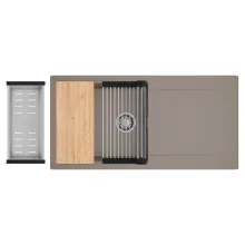 HD Onyx Tortora 100 egymedencés gránit mosogatótálca szett, csepegtetőtálcával, vágódeszkával, acél csepegtetőráccsal és kosárral, tortora színben, szálcsiszolt króm leeresztő szifonnal