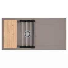 HD Onyx Tortora 100 egymedencés gránit mosogatótálca szett, csepegtetőtálcával, vágódeszkával, acél csepegtetőráccsal, tortora színben, szálcsiszolt króm leeresztő szifonnal