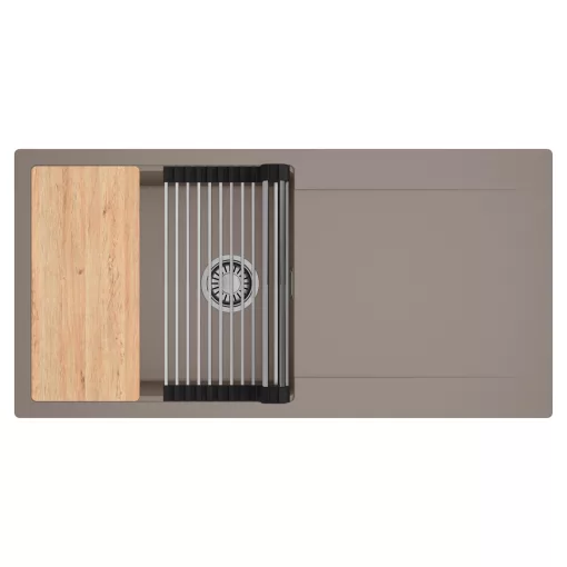 HD Onyx Tortora 100 egymedencés gránit mosogatótálca szett, csepegtetőtálcával, vágódeszkával, acél csepegtetőráccsal, tortora színben, szálcsiszolt króm leeresztő szifonnal