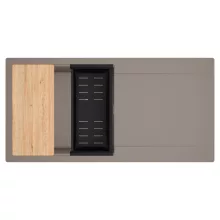 HD Onyx Tortora 100 egymedencés gránit mosogatótálca szett, csepegtetőtálcával, vágódeszkával, matt fekete csepegtetőkosárral, tortora színben, szálcsiszolt króm leeresztő szifonnal