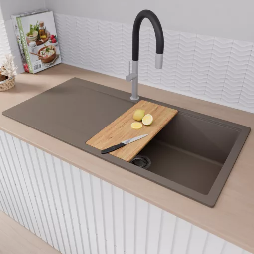 HD Onyx Tortora 100 egymedencés gránit mosogatótálca szett, csepegtetőtálcával, vágódeszkával, matt fekete csepegtetőkosárral, tortora színben, szálcsiszolt króm leeresztő szifonnal