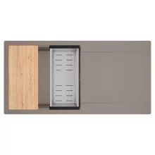 HD Onyx Tortora 100 egymedencés gránit mosogatótálca szett, csepegtetőtálcával, vágódeszkával, acél csepegtetőkosárral, tortora színben, szálcsiszolt króm leeresztő szifonnal