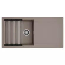 HD Onyx Tortora 100 egymedencés mosogatótálca szett, acél csepegtetőráccsal, csepegtetőtálcával, tortora színben, szálcsiszolt króm leeresztő szifonnal