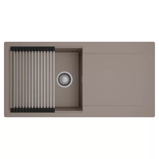 HD Onyx Tortora 100 egymedencés mosogatótálca szett, acél csepegtetőráccsal, csepegtetőtálcával, tortora színben, szálcsiszolt króm leeresztő szifonnal