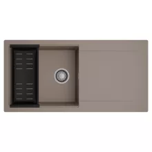 HD Onyx Tortora 100 egymedencés mosogatótálca szett, matt fekete csepegtetőkosárral, csepegtetőtálcával, tortora színben, szálcsiszolt króm leeresztő szifonnal