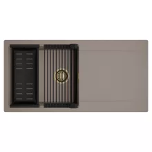 HD Onyx Tortora 100 egymedencés mosogatótálca szett, matt fekete csepegtetőráccsal és kosárral, csepegtetőtálcával, tortora színben, szálcsiszolt arany leeresztő szifonnal