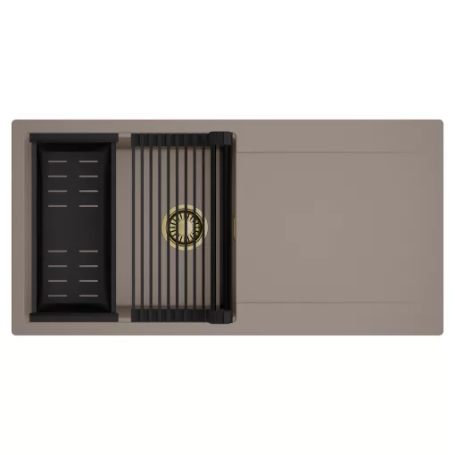 HD Onyx Tortora 100 egymedencés mosogatótálca szett, matt fekete csepegtetőráccsal és kosárral, csepegtetőtálcával, tortora színben, szálcsiszolt arany leeresztő szifonnal