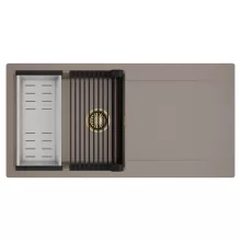 HD Onyx Tortora 100 egymedencés mosogatótálca szett, matt fekete csepegtetőráccsal és krómozott kosárral, csepegtetőtálcával, tortora színben, szálcsiszolt arany leeresztő szifonnal